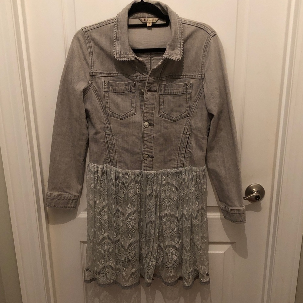 CAbi Light Gray Jeans Jacket with attached long lace trim